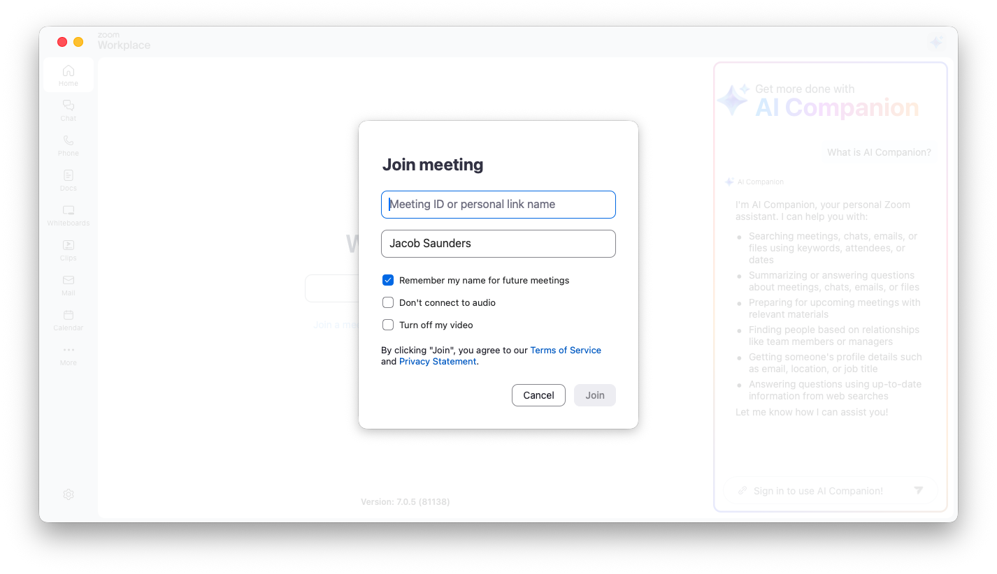 Join Zoom interface